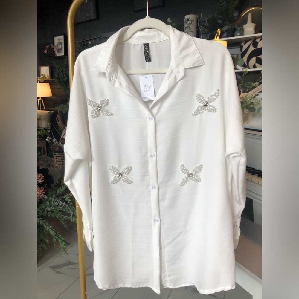 White Button-Up Shirt with Pearl Embellishments